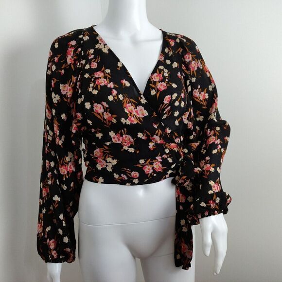 A.L.C. Carla Floral Print Wrap Top Size 2 Black Pink 100% Silk Crepe Blouse - Picture 9 of 15
